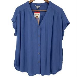 NEW ORVIS Relaxed V Neck Button Down Flowy Rayon Short Sleeve Blouse Medium Blue